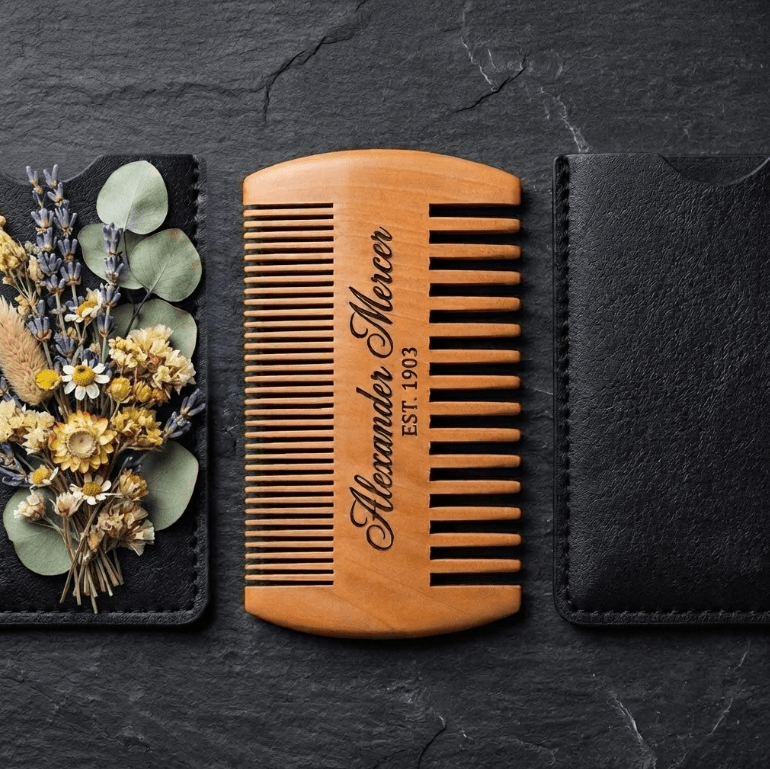 Personalized Beard Comb Peach Wood with Leather Case Gift for Him Custom Engraved - Us Engravo