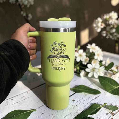 Personalized Book and Flowers Teacher Stanley 40oz Tumbler - Custom Engraved "Thank You Teacher" Gift with Name - Us Engravo