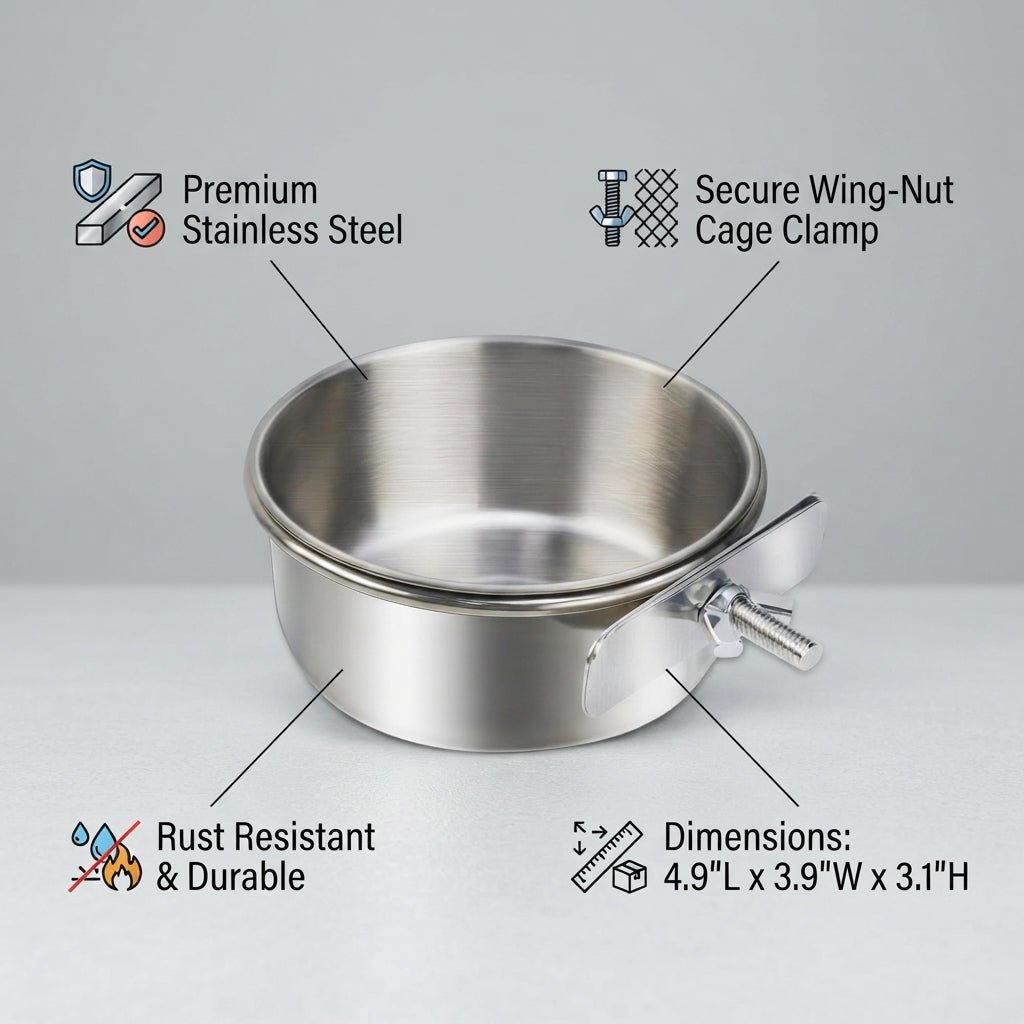 Personalized Coop Cup Stainless Steel Cage Bowl with Clamp Holder for Birds and Small Pets Custom Engraved - Us Engravo