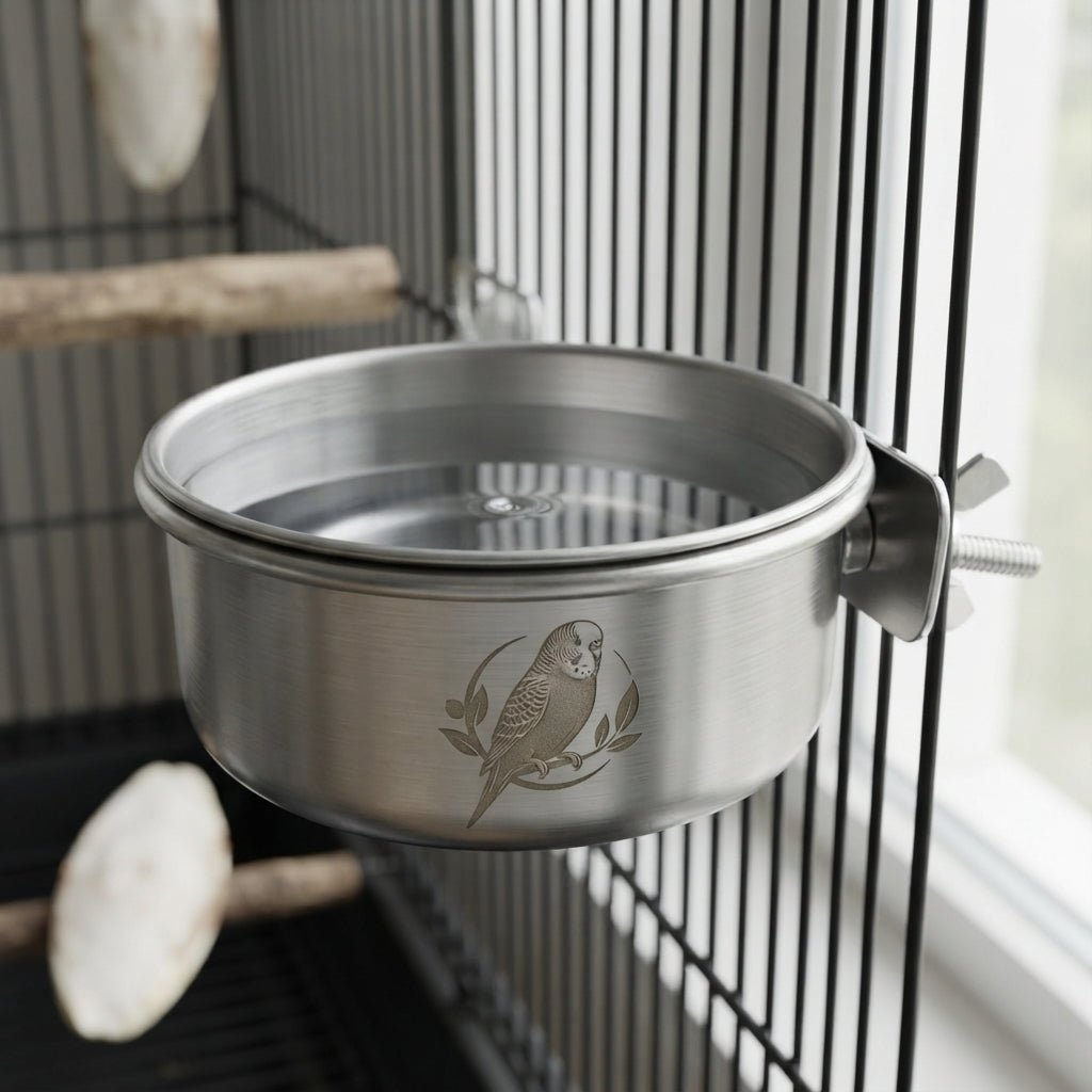 Personalized Coop Cup Stainless Steel Cage Bowl with Clamp Holder for Birds and Small Pets Custom Engraved - Us Engravo