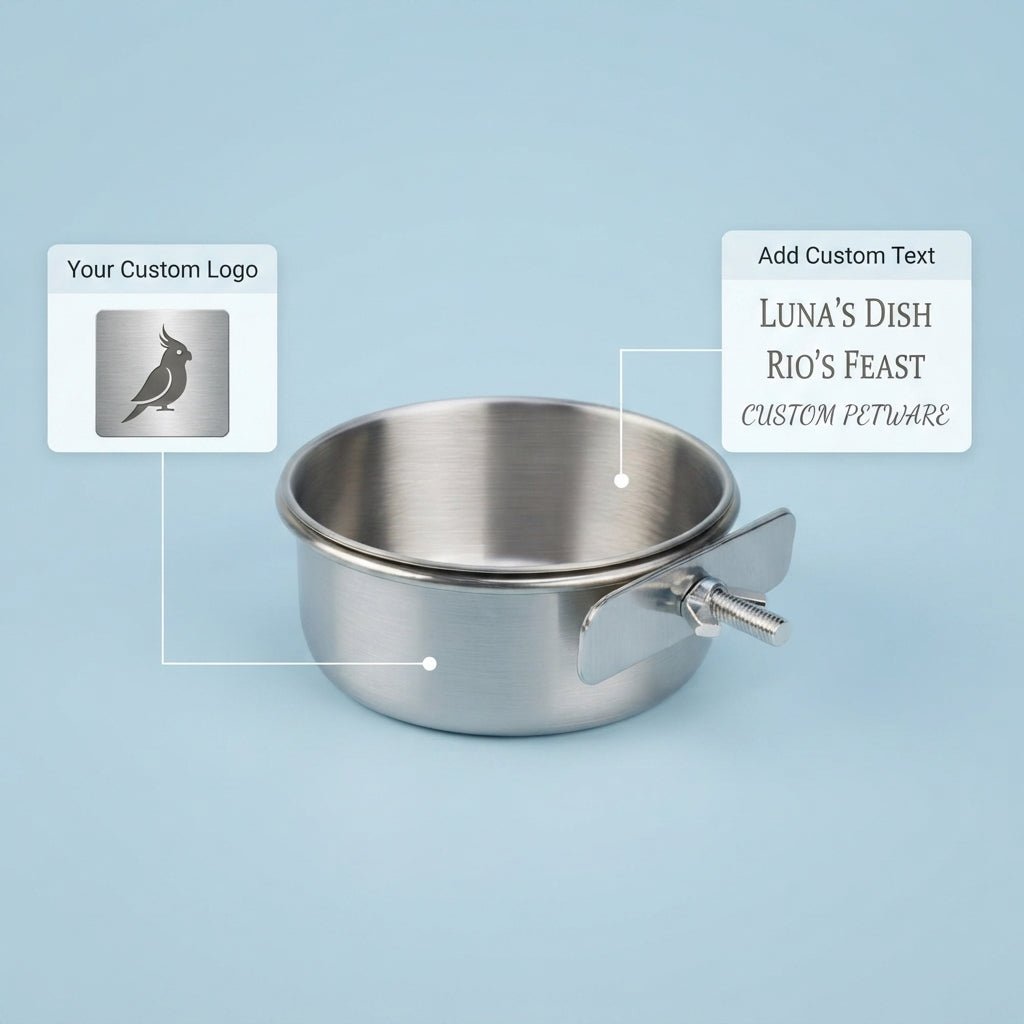 Personalized Coop Cup Stainless Steel Cage Bowl with Clamp Holder for Birds and Small Pets Custom Engraved - Us Engravo