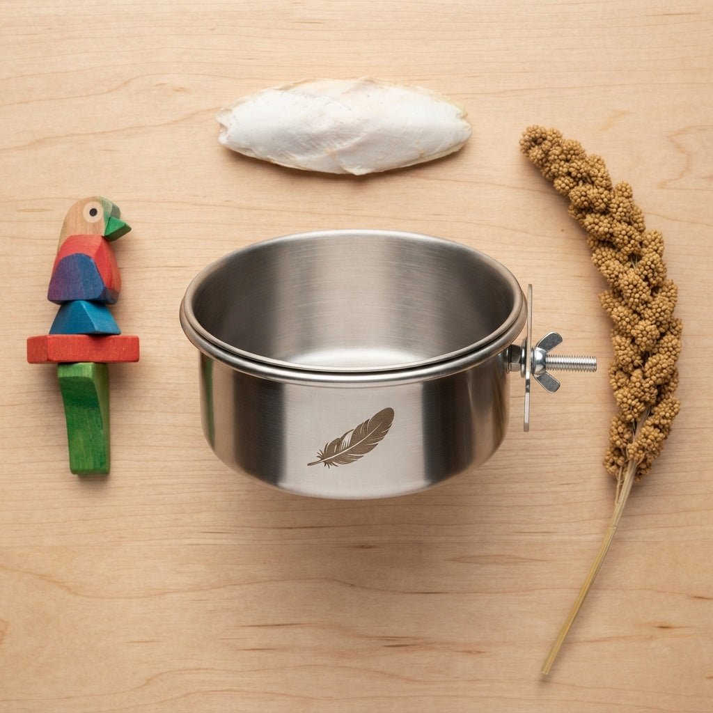 Personalized Coop Cup Stainless Steel Cage Bowl with Clamp Holder for Birds and Small Pets Custom Engraved - Us Engravo