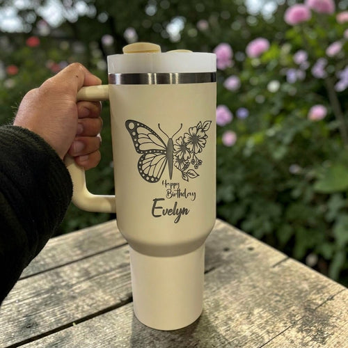 Personalized Floral Butterfly Happy Birthday Stanley 40oz Tumbler | Custom Engraved Botanical Gift - Us Engravo