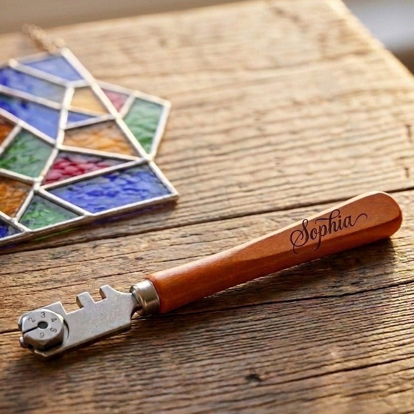Personalized Glass Cutter 6 Wheel Tungsten Carbide with Wood Handle for Stained Glass and Mosaic Custom Engraved - Us Engravo