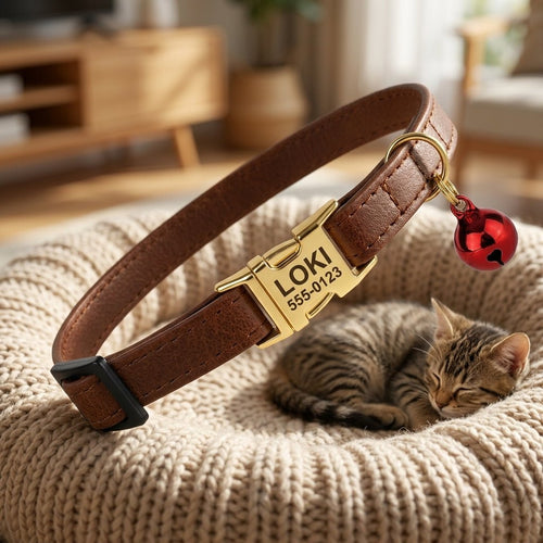 Personalized Leather Cat Collar with Bell Engraved Name Custom Engraved - Us Engravo