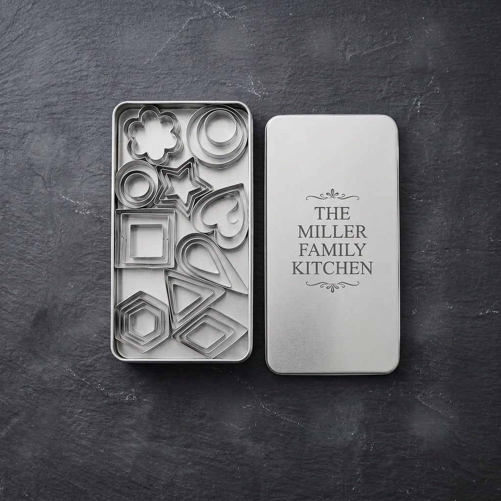 Personalized Mini Cookie Cutter Set Stainless Steel Polymer Clay and Fondant Shapes with Engraved Tin - Us Engravo