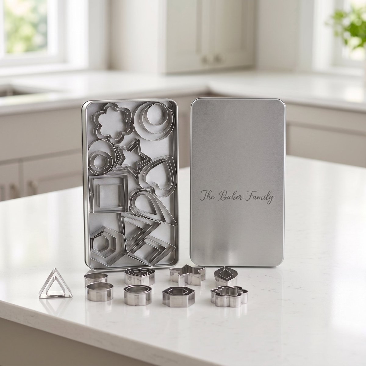 Personalized Mini Cookie Cutter Set Stainless Steel Polymer Clay and Fondant Shapes with Engraved Tin - Us Engravo