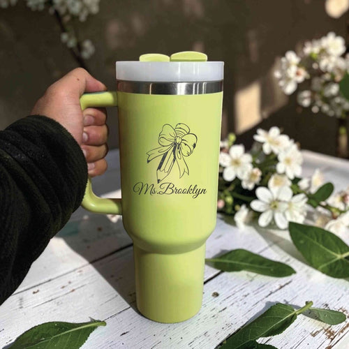 Personalized Pencil Bow Teacher Stanley 40oz Tumbler  Custom Engraved Coquette Style Gift for Teachers with Name - Us Engravo