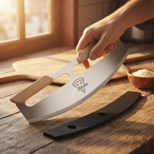Personalized Pizza Cutter Rocker Blade Wooden Handle Housewarming Gift, Custom Engraved Cutter with Sharp Stainless Steel Blade and Protective Cover - Us Engravo
