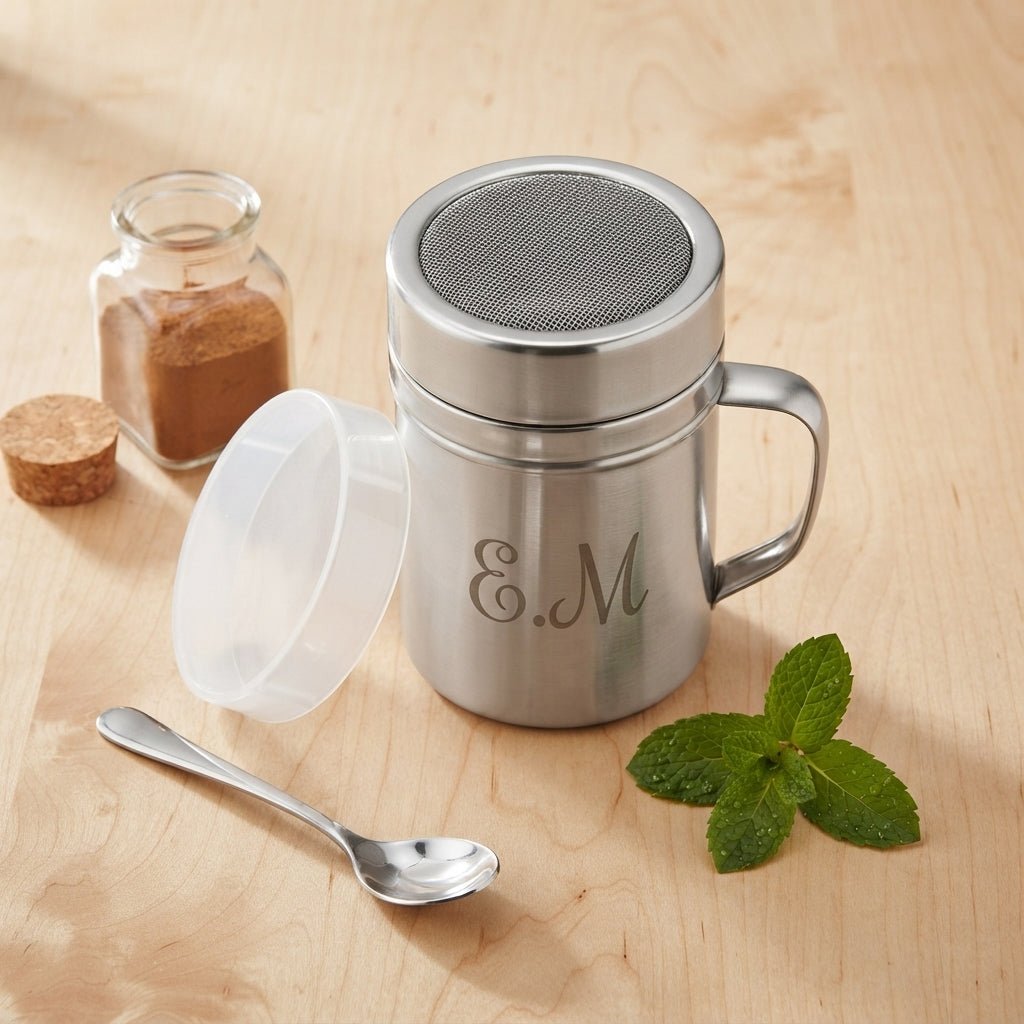 Personalized Powdered Sugar Shaker Stainless Steel Fine Mesh Duster with Handle for Baking and Coffee Custom Engraved - Us Engravo