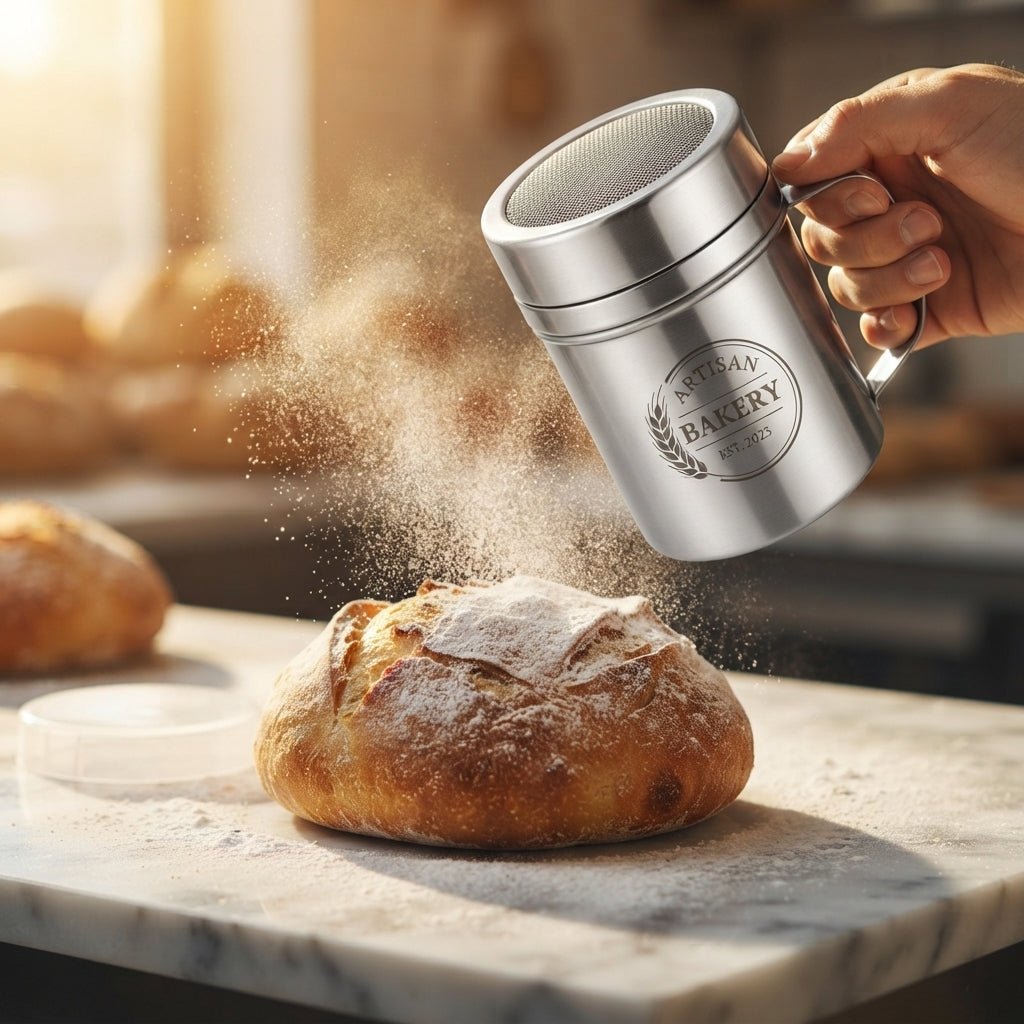 Personalized Powdered Sugar Shaker Stainless Steel Fine Mesh Duster with Handle for Baking and Coffee Custom Engraved - Us Engravo
