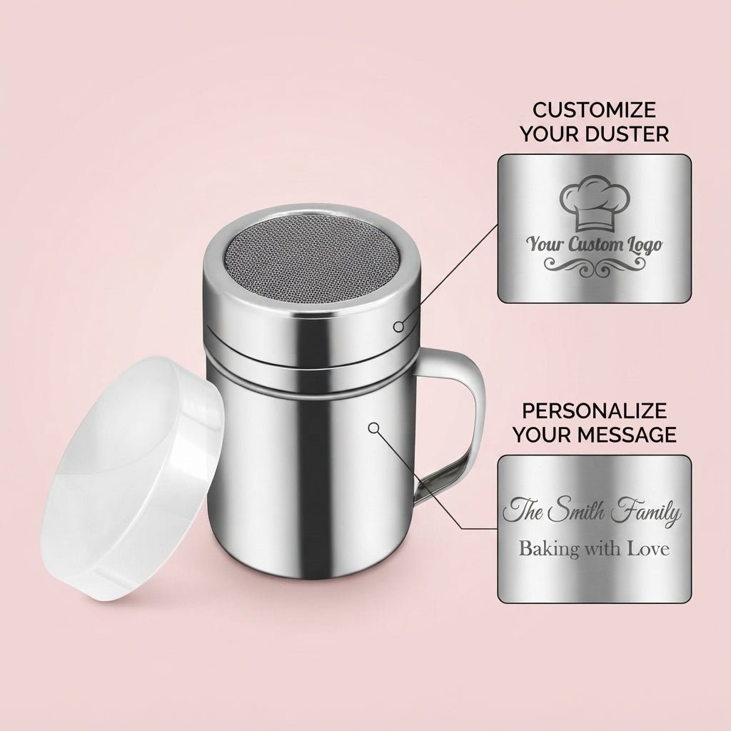 Personalized Powdered Sugar Shaker Stainless Steel Fine Mesh Duster with Handle for Baking and Coffee Custom Engraved - Us Engravo