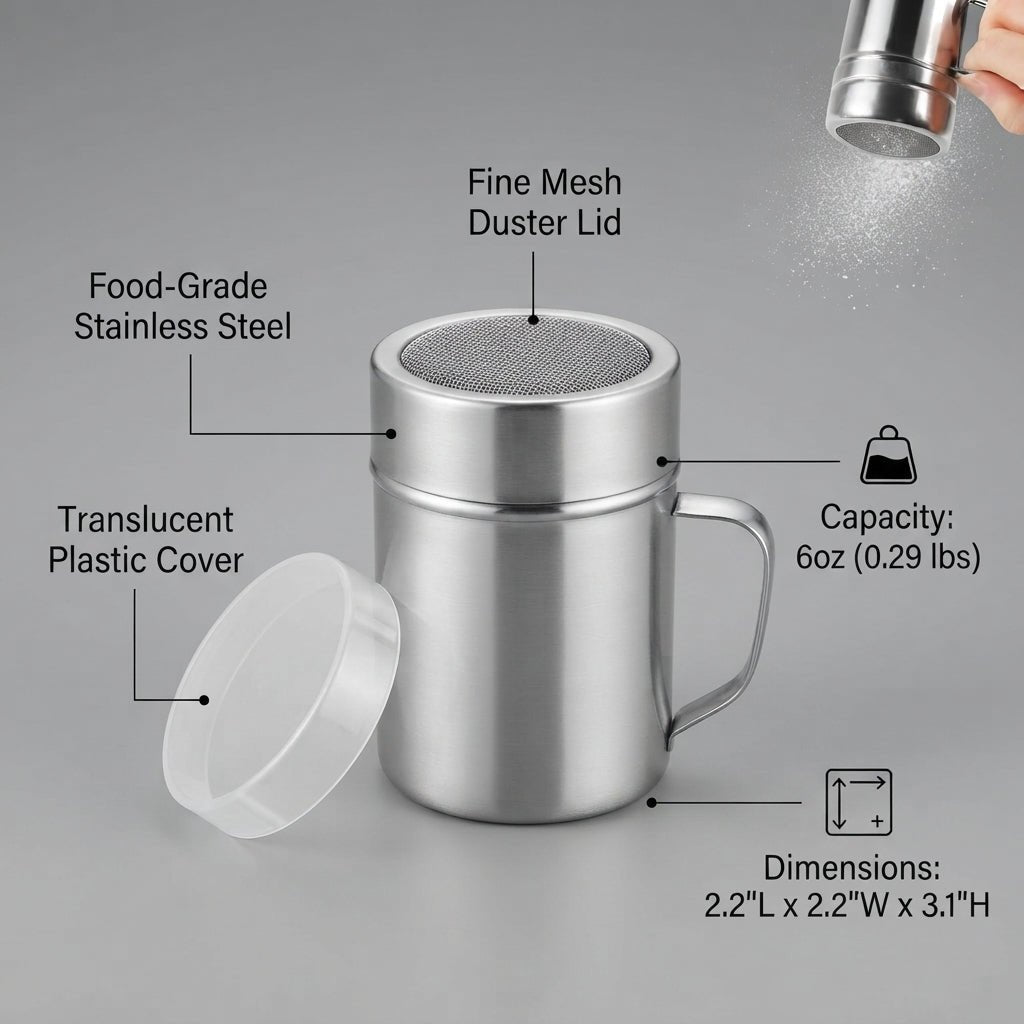 Personalized Powdered Sugar Shaker Stainless Steel Fine Mesh Duster with Handle for Baking and Coffee Custom Engraved - Us Engravo