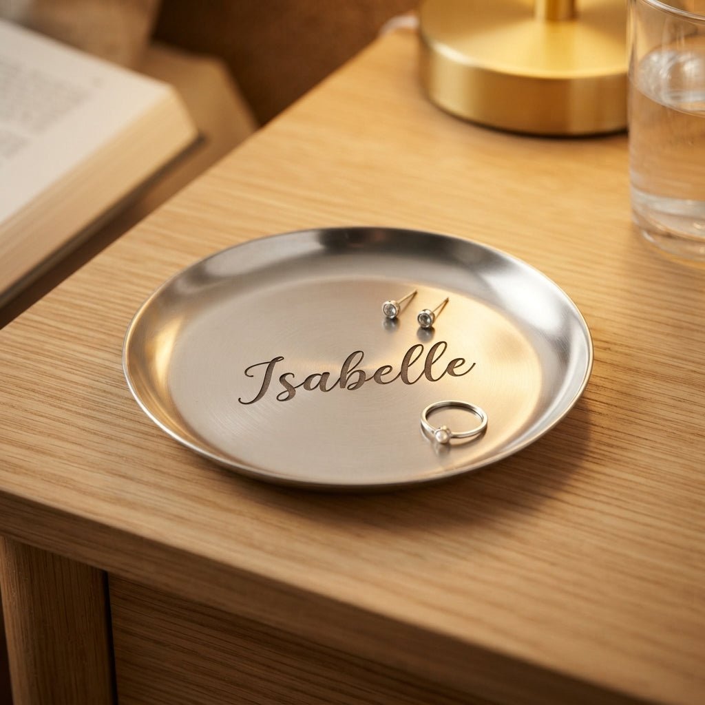 Personalized Ring Dish Silver Stainless Steel Round Trinket Tray Wedding Gift Custom Engraved - Us Engravo