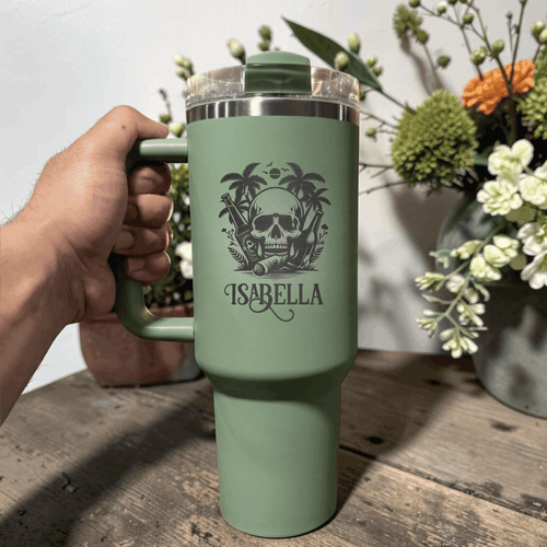 Personalized Skull Beach 40oz Tumbler | Custom Engraved Stanley Quencher | Edgy Tropical Gift - Us Engravo