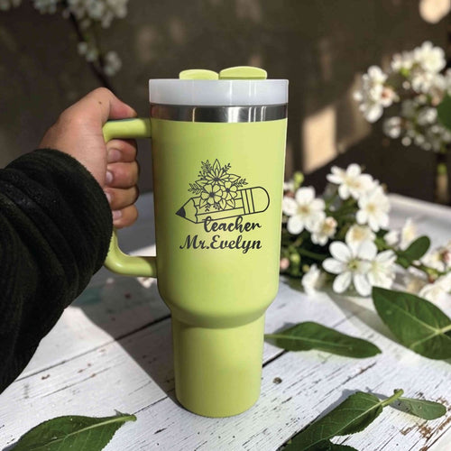 Personalized Stanley 40oz tumbler with engraving, stainless steel cup with handle and straw, teacher appreciation gift.