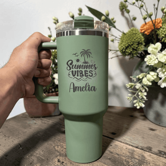Personalized Summer Vibes 40oz Tumbler | Custom Engraved Stanley Quencher | Beach Tumbler Gift - Us Engravo