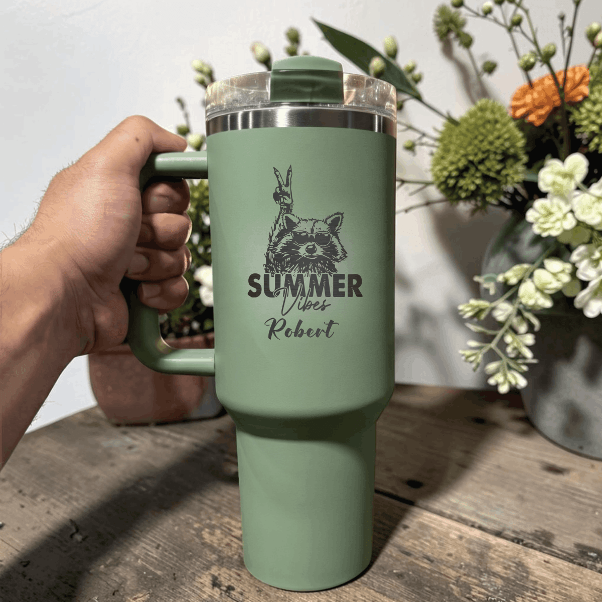 Personalized Summer Vibes Raccoon 40oz Tumbler | Custom Engraved Stanley Quencher | Funny Summer Gift - Us Engravo