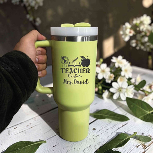 Personalized Teacher Life Stanley 40oz Tumbler - Custom Engraved Globe, Book & Apple Design Gift with Name - Us Engravo