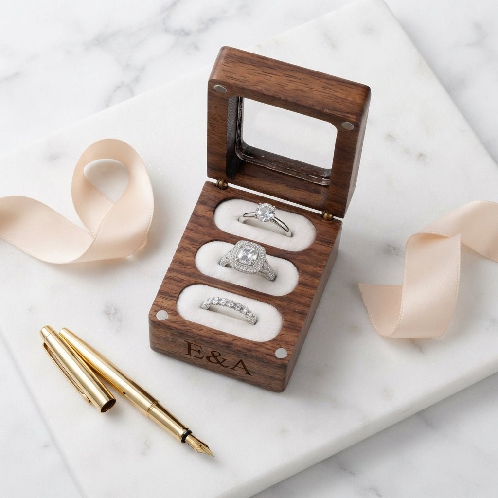 Personalized Wedding Ring Box 3 Slot Walnut Wood Ring Bearer Holder for Proposal and Engagement Custom Engraved - Us Engravo