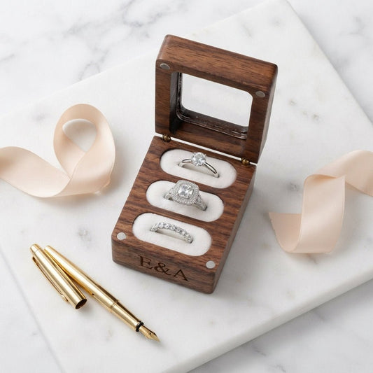 Personalized Wedding Ring Box 3 Slot Walnut Wood Ring Bearer Holder for Proposal and Engagement Custom Engraved - Us Engravo