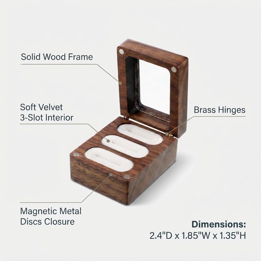 Personalized Wedding Ring Box 3 Slot Walnut Wood Ring Bearer Holder for Proposal and Engagement Custom Engraved - Us Engravo