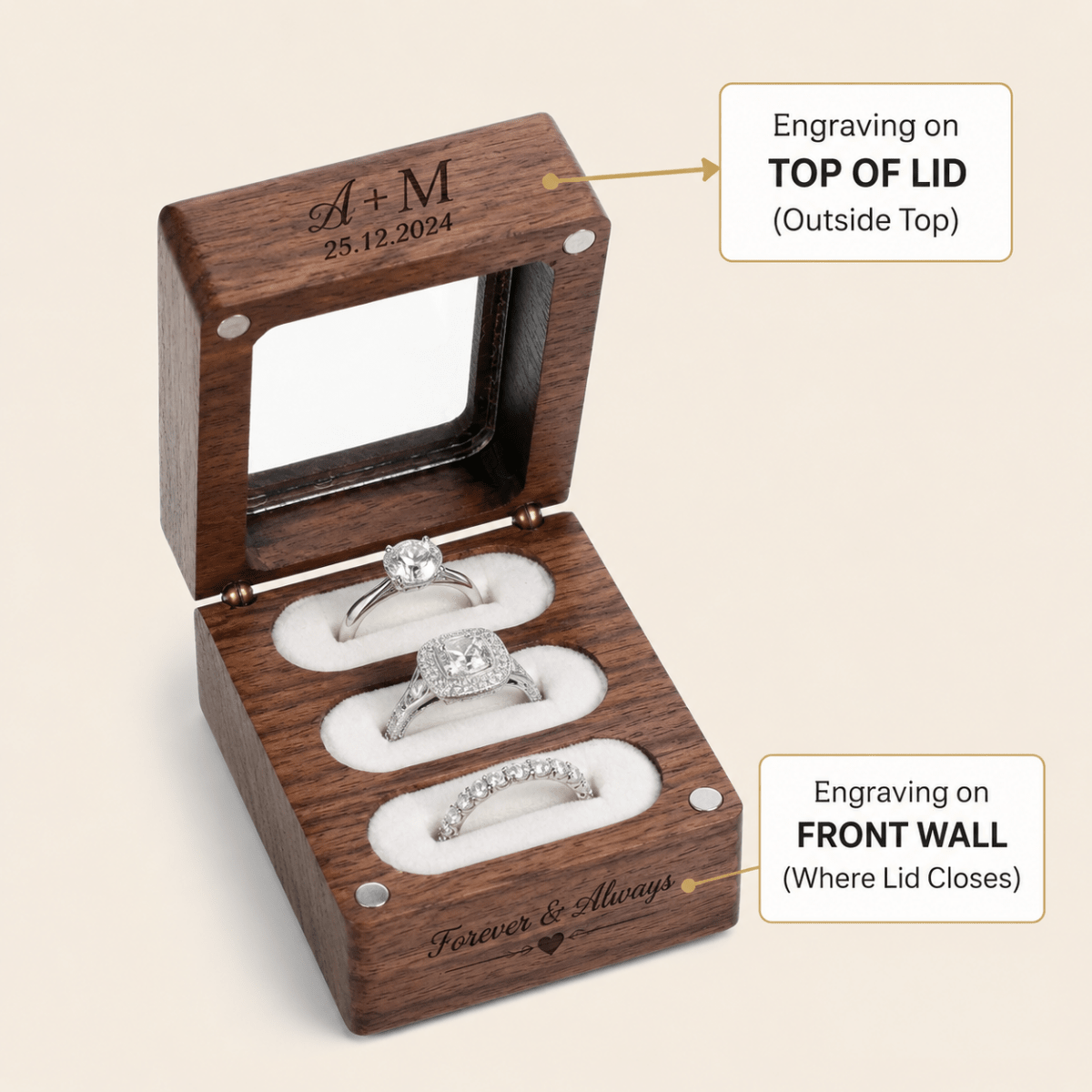 Personalized Wedding Ring Box 3 Slot Walnut Wood Ring Bearer Holder for Proposal and Engagement Custom Engraved - Us Engravo