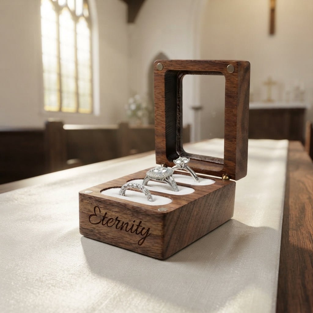 Personalized Wedding Ring Box 3 Slot Walnut Wood Ring Bearer Holder for Proposal and Engagement Custom Engraved - Us Engravo