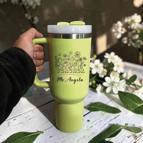 Personalized Wildflower Teacher Stanley 40oz Tumbler Custom Engraved Name Gift for Teachers, Professors, Us Engravo
