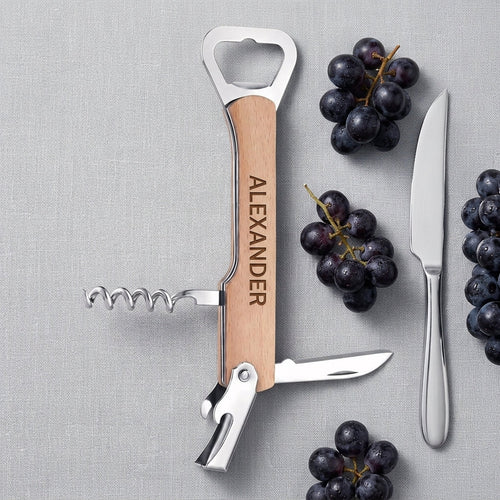 Personalized Wood Corkscrew Wine Bottle Opener 4 in 1 Groomsmen Gift Custom Engraved - Us Engravo