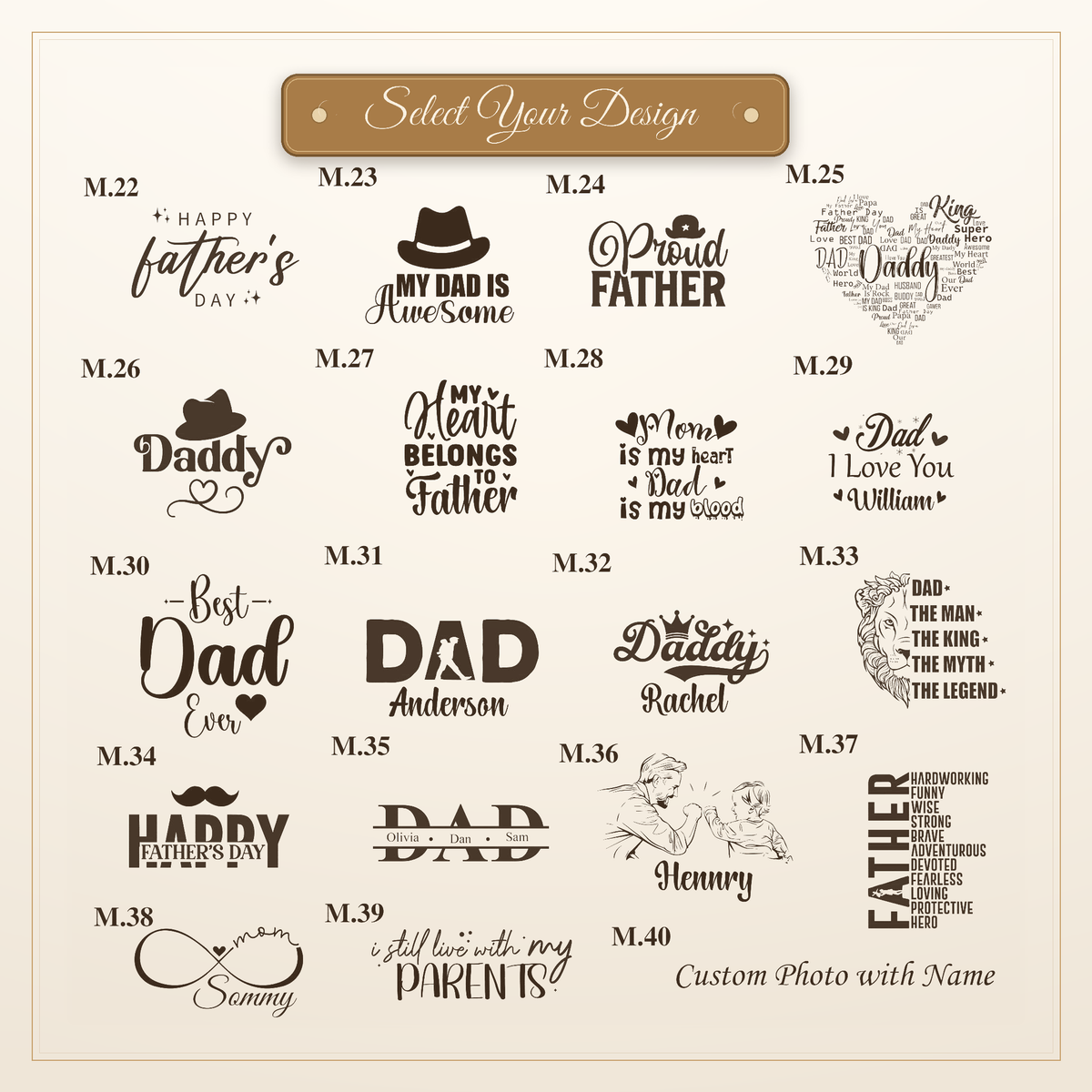 A design selection chart for Father's Day graphics, showing 20 different quote and graphic options labeled M.22 through M.
