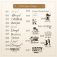 A design selection chart showing 21 different custom logo and nameplate options labeled D1 through D22, with sample names and decorative typography on a cream background and a brown header reading 'Select Your Design'.